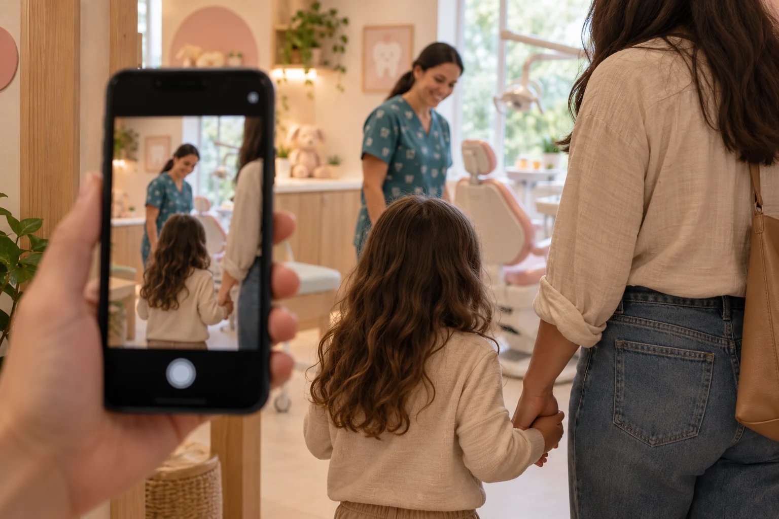 Cena ilustrativa: celular em primeiro plano grava uma criança de costas, segurando a mão da mãe na entrada do consultório.